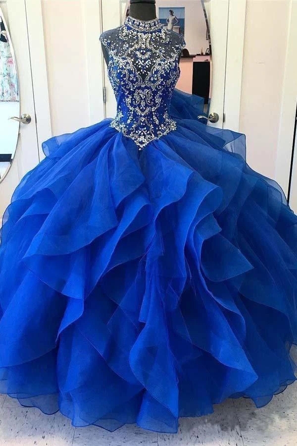 Pretty High Neck Crystals Organza Tiered Ruffles With Horsehair Quinceanera Dress Royal Blue - Click Image to Close